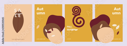 Tableau sur toile A quartet of minimalist posters celebrating the autumn season, featuring stylized acorns, fallen leaves, and bold typography in warm earthy tones, perfect for seasonal promotions