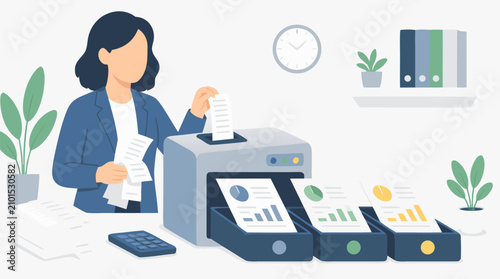 Faceless accountant automating expense paperwork, feeding receipts into a document scanner that outputs organized financial reports, charts and folders in a modern office vector scene