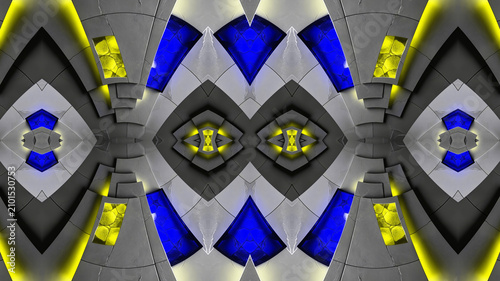 Blue and yellow geometric abstract pattern with symmetrical architectural shapes, textured gray panels, glowing diamond elements, and futuristic modern design background.