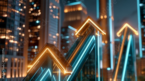 Buildings with glowing arrow shapes at night in a city landscape