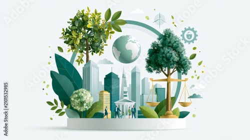 Image shows a cityscape with trees and symbols of balance and sustainability during daytime