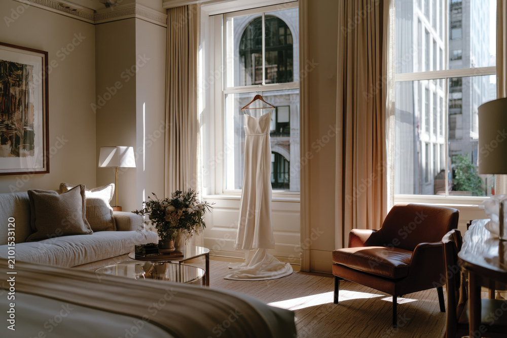 Fototapeta premium A stylish room featuring a beautiful wedding dress elegantly displayed against a window, expressing love, romance, and the anticipation of special moments.