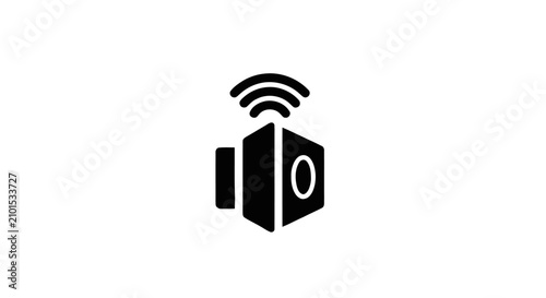 Foto The cube shaped device emits signals with a symbol on its side.
