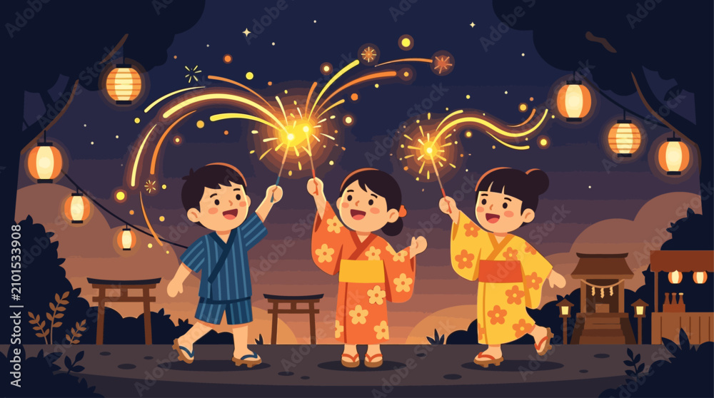 Naklejka premium A delightful flat design illustration depicting children joyfully playing with glowing sparklers during an Obon festival evening. 