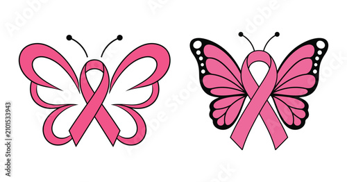 Breast Cancer Awareness Butterfly Color and Outline Illustration Set