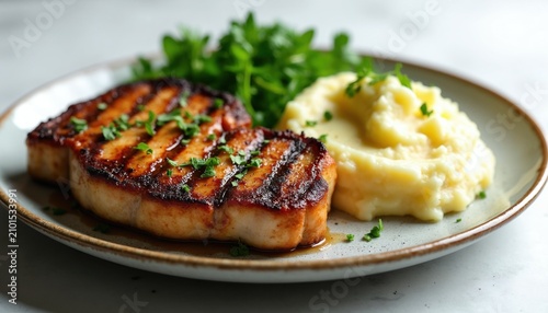 Grilled pork chop served with creamy mashed potatoes, fresh green herbs on round plate. Juicy roasted meat cutlet with potato puree side dish for hearty dinner meal. Restaurant cooked gourmet food