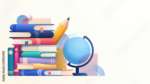 Colorful back to school education illustration featuring stacked books, globe and pencil on clean background, symbolizing knowledge, learning, academic success, teaching, classroom preparation.