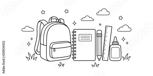 фотографія Back to school supplies outline backpack notebook pencil and ruler illustration