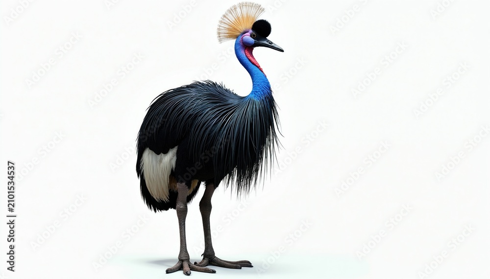 Obraz premium Full body studio portrait of black crowned crane bird stands isolated on white background. Exotic avian creature features long neck blue plumage colorful feathers, golden crest crown atop head.