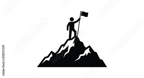 Bilde på lerret Silhouette of a person with a flag atop a mountain peak black vector illustratio