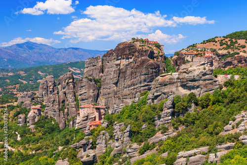 Meteora, Greece. Sandstone rock formations, the Rousanou, the Nikolaos and the Grand Meteora monasteries.