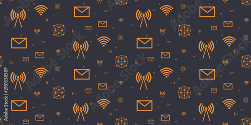 Fotografie Digital communication icons pattern with email wireless signals and globes in or