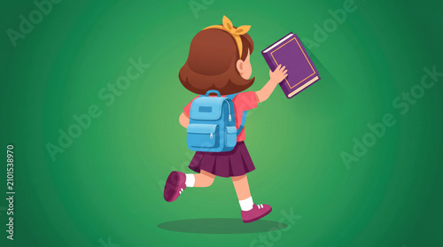 Adorable back to school cartoon illustration of young student carrying backpack and book on simple green background, symbolizing education, learning, school readiness, childhood development and knowle
