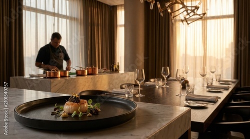 Luxury Dining: Private chef preparing gourmet dinner in luxury dining room 