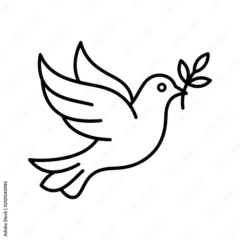 Fototapeta premium Peace Dove Bird Holding Olive Branch Outline Icon Line Art 