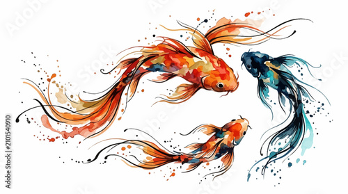 Three watercolor koi fish swimming