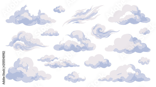 Set of fluffy cartoon clouds in watercolor style.