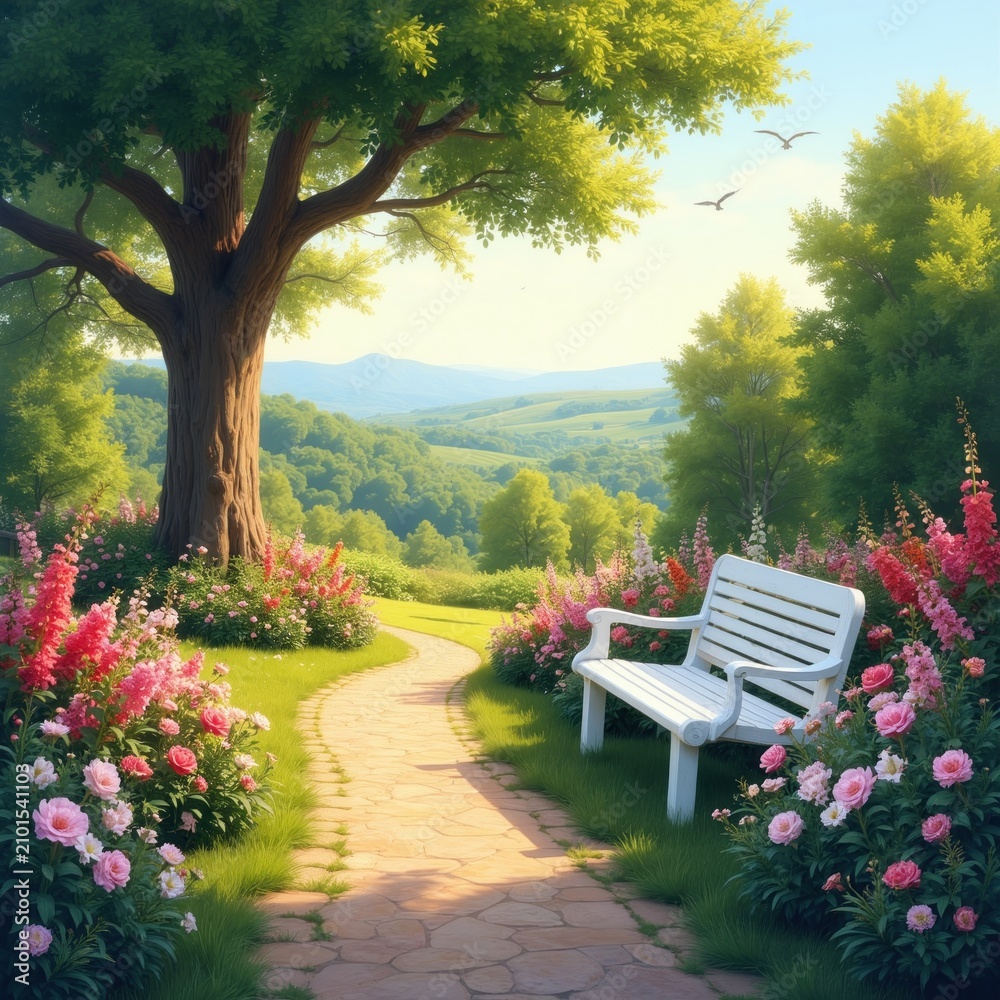 Fototapeta premium Stone path winds through rich garden with blooming flowers and big tree. Empty white bench offers scenic view of rolling green hills and distant mountains. Peaceful outdoor landscape.