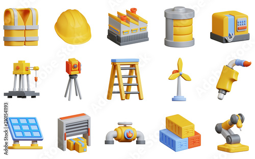 Industrial 3D icon set, construction and engineering tools, factory and energy production elements
