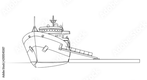 Bild auf Leinwand Modern cargo ship docked at pier, detailed line drawing, maritime transport