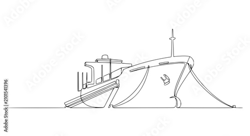Foto Continuous Line Drawing of a Cargo Ship Docked and Moored at Sea