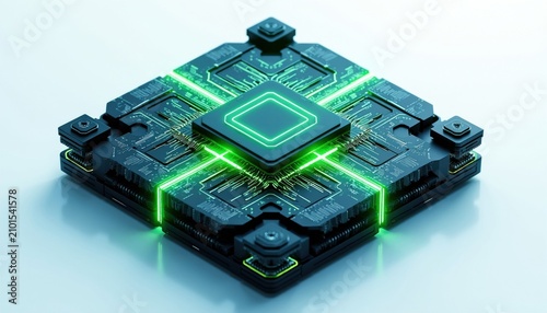 Central processor unit with glowing neon green lines. Complex electronic pathways and microchips. Futuristic technology abstract concept with circuit board elements. High tech computer hardware.