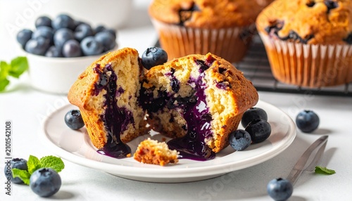 Blueberry muffin cut open on a white plate with fresh blueberries and mint leaves, symbolizing comfort, creativity, and indulgent freshness.