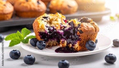 Blueberry muffin cut open on a white plate with fresh blueberries and mint leaves, symbolizing comfort, creativity, and indulgent freshness.