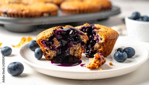 Blueberry muffin cut open on a white plate with fresh blueberries and mint leaves, symbolizing comfort, creativity, and indulgent freshness.