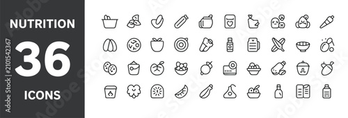 Nutrition icons set including food and drink symbols for healthy eating and diet planning  various nutrition related icons