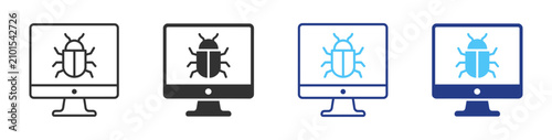 Canvastavla Monitor malware line icon with computer bug, antivirus and cybersecurity symbol