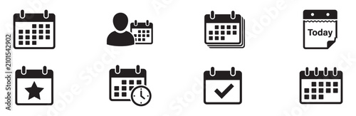 Calendar and scheduling icon set. Calendar page, event date, today page, star event, reminder clock, check mark. Vector illustration.
