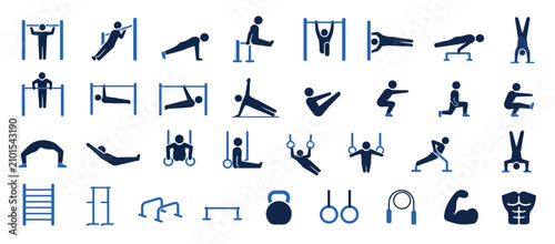 Collection of blue exercise and gym equipment icons.