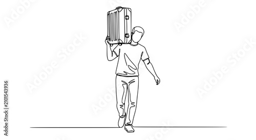 Canvastavla Man Carrying Suitcase on Shoulder, One Line Drawing, Travel and Journey Concept