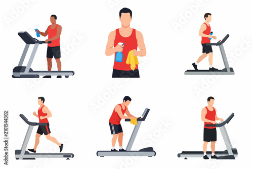 Canvastavla Set of Vector Illustrations of Men Running on Treadmills and Cleaning Equipment