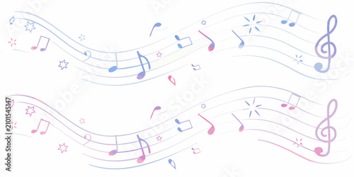 Foto Pastel gradient musical notes and clef illustration with flowing lines