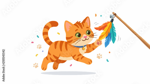 A playful ginger cat happily chases a feather toy, depicted in a vibrant, cartoonish illustration. The cat has green eyes and is wearing a blue collar.