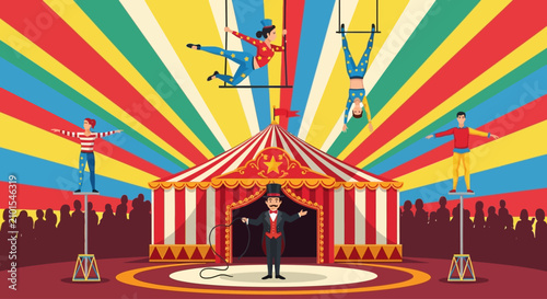 Foto Vibrant Circus Tent Entrance with Performers & Sunburst Background Vector Illust