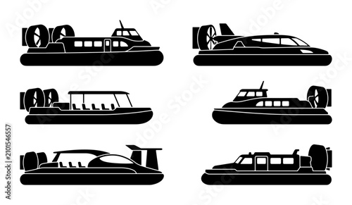 Konstfotografi Hovercraft Silhouettes Set, Amphibious Vehicle Icons, Watercraft Collection, Tra