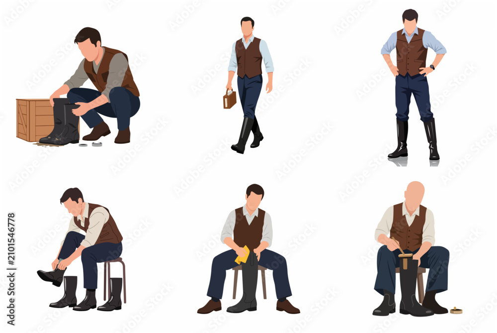 Fototapeta premium Set of flat vector illustrations of a man cleaning, wearing, and walking in tall leather boots, vintage style character design