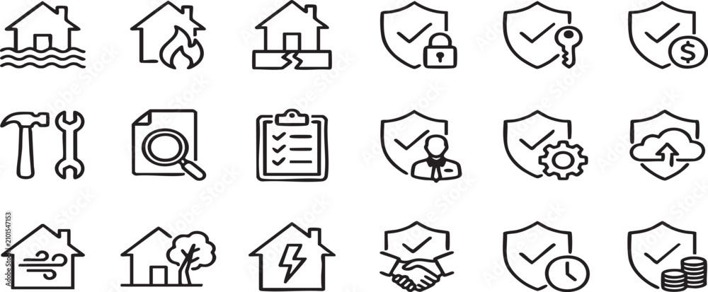 Fototapeta premium Art & IllustrationSet of insurance and property maintenance line icons 