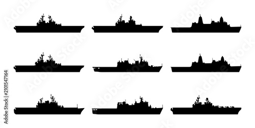 Bild auf Leinwand Warship Silhouettes, Navy Vessel Icons, Military Ship Vector Set, Naval Fleet Gr