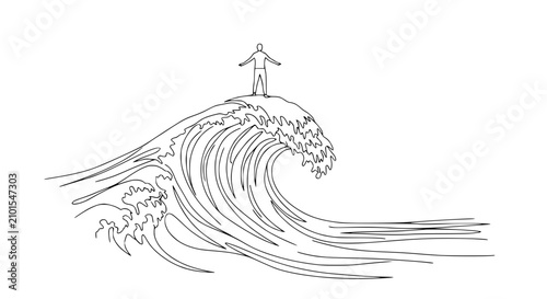 Konstfotografi Man Standing on Top of Crashing Wave, Outline Drawing, Symbol of Triumph and Ove