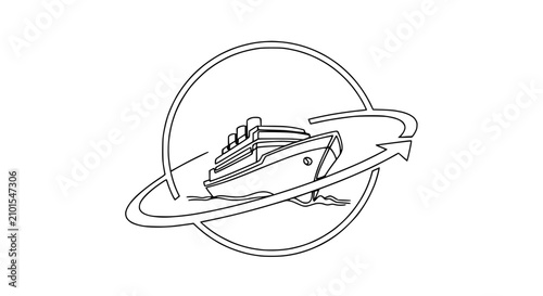 Cruise Ship Icon: Voyage Around the World, Circular Arrow Motion Graphic