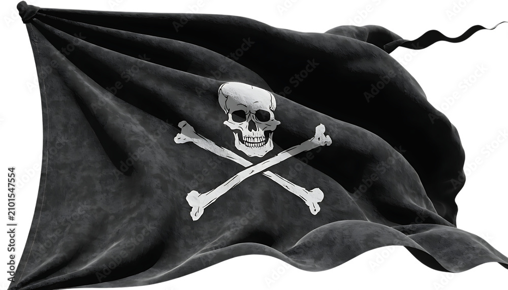 Obraz premium Classic black pirate flag with white skull crossbones symbol cut out isolated on transparent white background PNG. AI GENERATED. 
