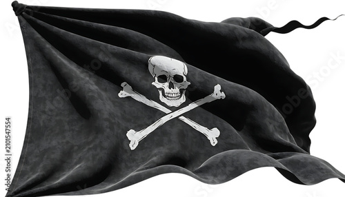 Classic black pirate flag with white skull crossbones symbol cut out isolated on transparent white background PNG. AI GENERATED.
