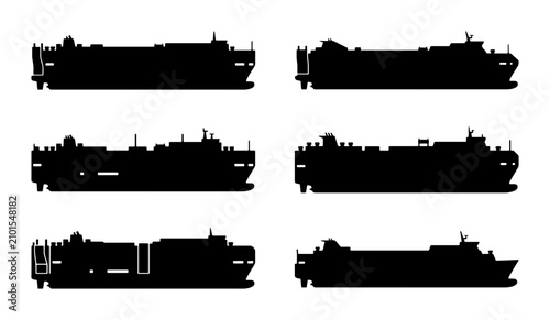 Foto Ferry Boat Silhouettes, Maritime Transport Icons, Nautical Vessel Collection, Wa