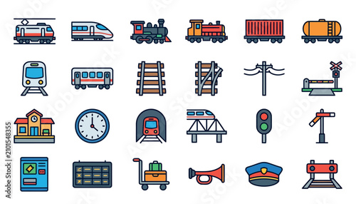 Fotografi Train Railroad Transportation Icons Set.