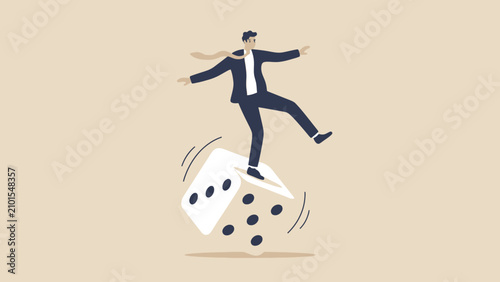 Businessman in a Suit Jumps Over Giant Dice, Depicting Risk-Taking and Strategic Momentum.