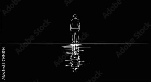 Cuadro en lienzo Silhouette Man Standing Reflecting on Dark Water, Minimalist Concept